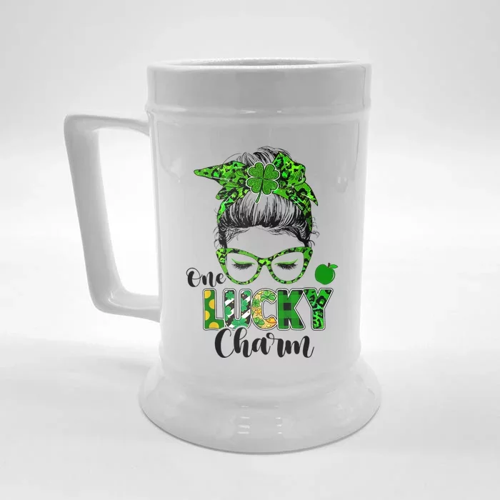 One Lucky Charm Messy Bun Shamrock St Patrick's Day Women Front & Back Beer Stein