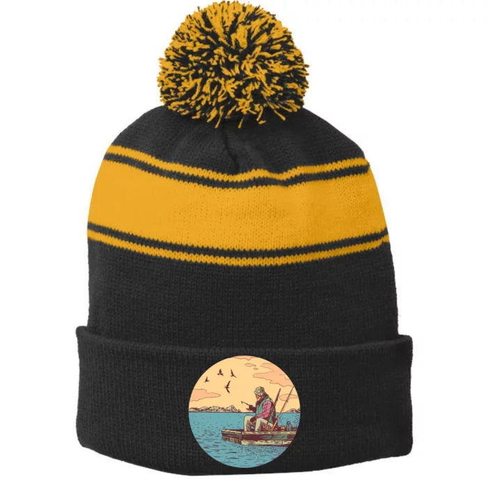 Old Man Fishing Stripe Pom Pom Beanie