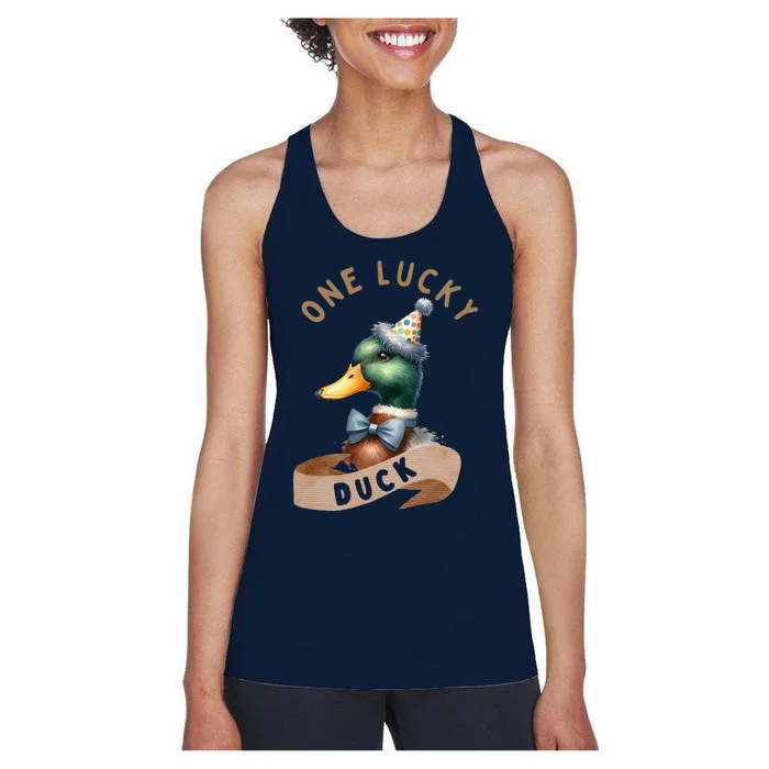 One Lucky Duck 1st Birthday 1 Years Old Poultry Mallard Duck Women's Racerback Tank