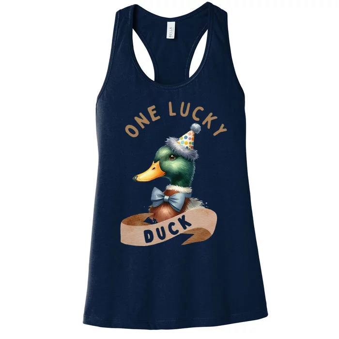 One Lucky Duck 1st Birthday 1 Years Old Poultry Mallard Duck Women's Racerback Tank