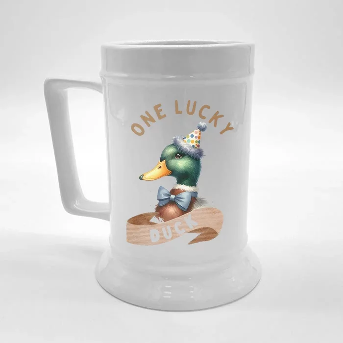 One Lucky Duck 1st Birthday 1 Years Old Poultry Mallard Duck Front & Back Beer Stein