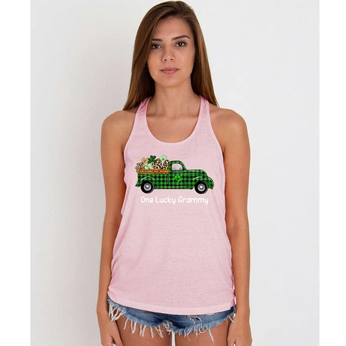 One Lucky Grammy Green Plaid Truck Shamrock St Patrick's Day Gift Women's Knotted Racerback Tank