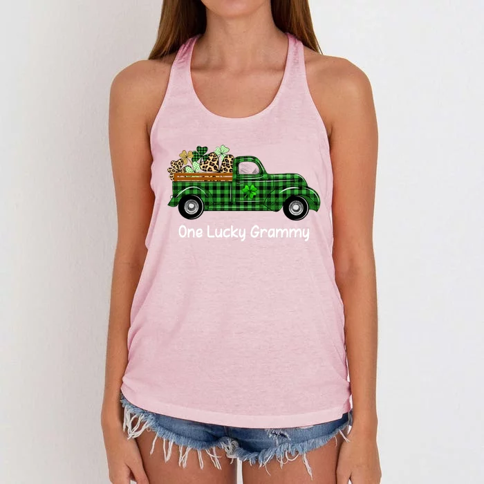 One Lucky Grammy Green Plaid Truck Shamrock St Patrick's Day Gift Women's Knotted Racerback Tank