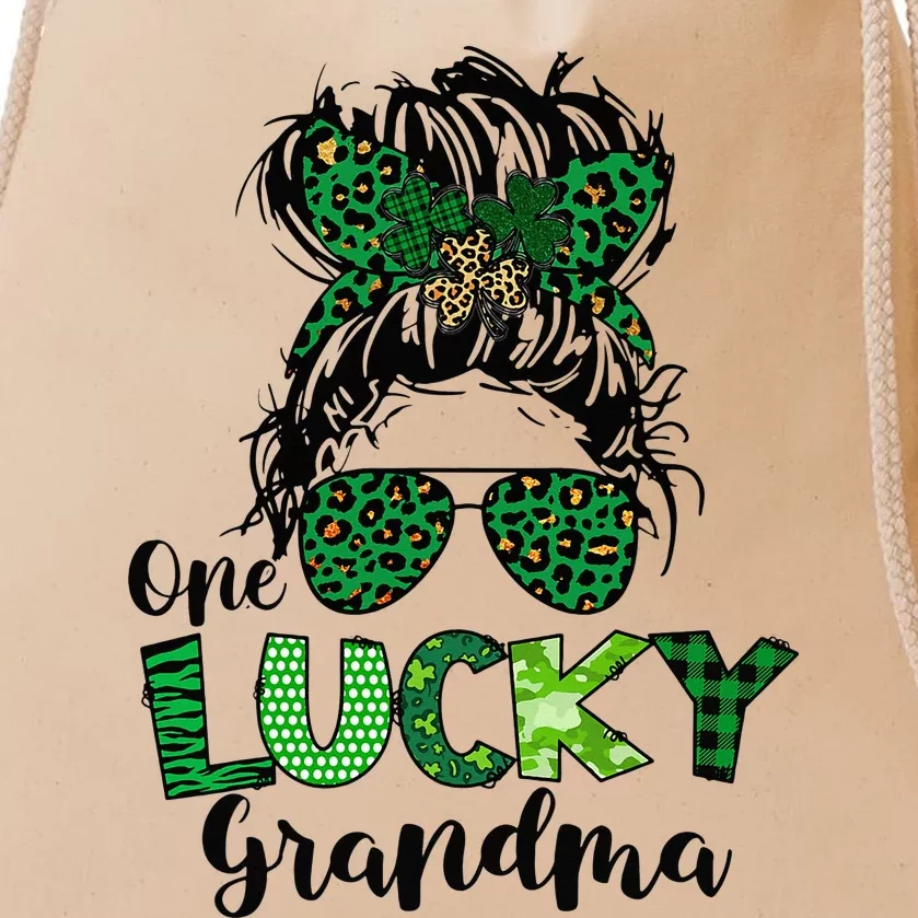 One Lucky Grandma Messy Bun St Patricks Day Leopard Shamrock Drawstring Bag