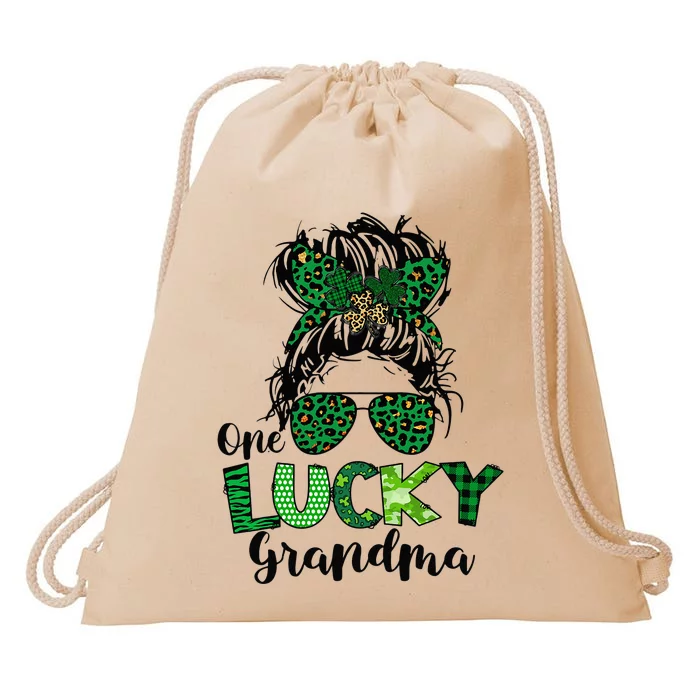 One Lucky Grandma Messy Bun St Patricks Day Leopard Shamrock Drawstring Bag