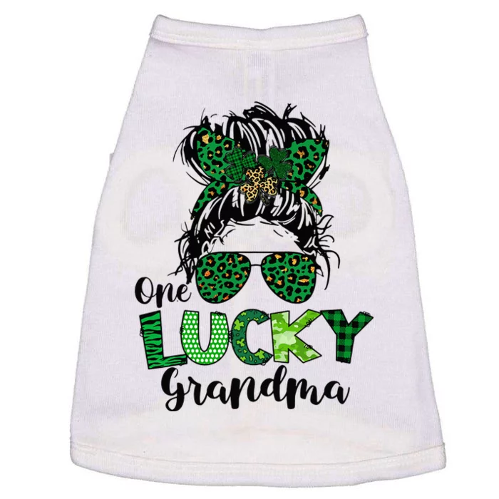 One Lucky Grandma Messy Bun St Patricks Day Leopard Shamrock Doggie Tank