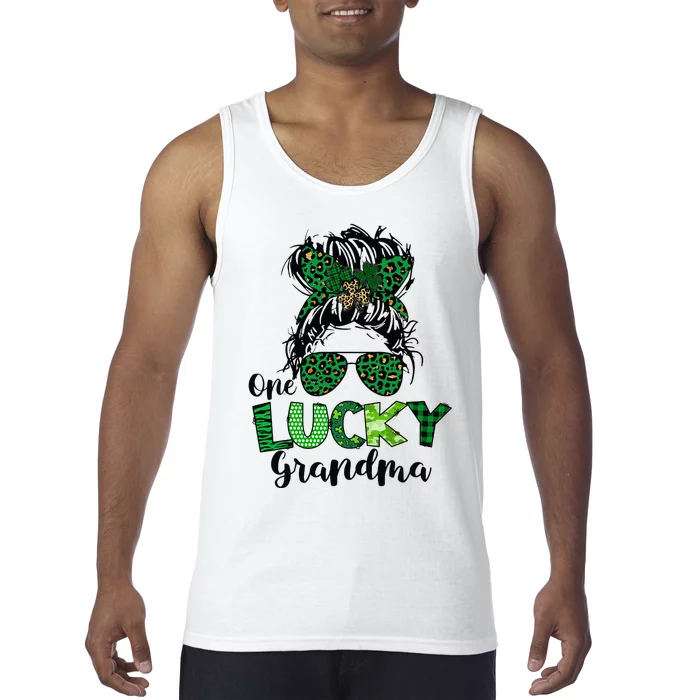 One Lucky Grandma Messy Bun St Patricks Day Leopard Shamrock Tank Top