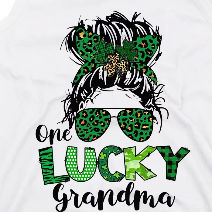 One Lucky Grandma Messy Bun St Patricks Day Leopard Shamrock Tank Top