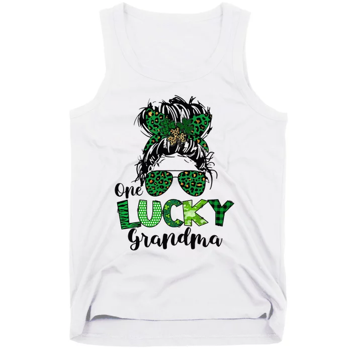 One Lucky Grandma Messy Bun St Patricks Day Leopard Shamrock Tank Top