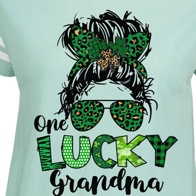 One Lucky Grandma Messy Bun St Patricks Day Leopard Shamrock Enza Ladies Jersey Football T-Shirt