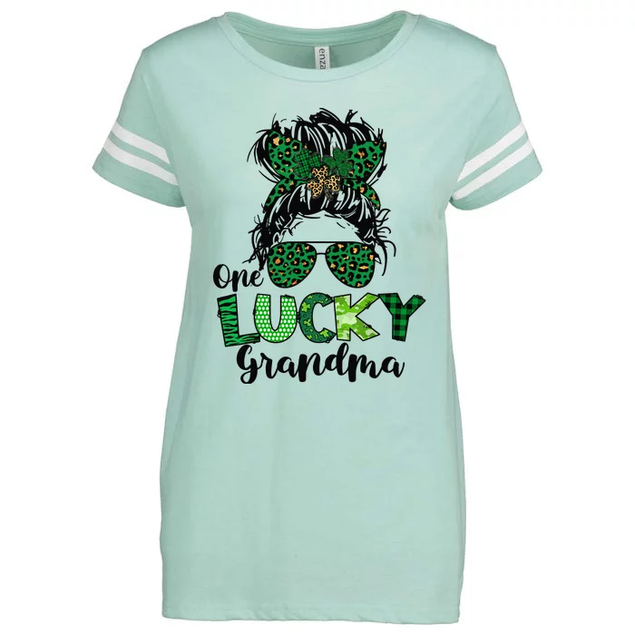 One Lucky Grandma Messy Bun St Patricks Day Leopard Shamrock Enza Ladies Jersey Football T-Shirt