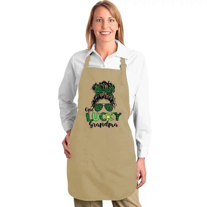 One Lucky Grandma Messy Bun St Patricks Day Leopard Shamrock Full-Length Apron With Pocket