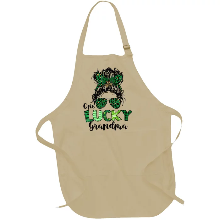 One Lucky Grandma Messy Bun St Patricks Day Leopard Shamrock Full-Length Apron With Pocket