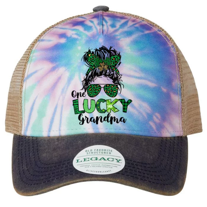 One Lucky Grandma Messy Bun St Patricks Day Leopard Shamrock Legacy Tie Dye Trucker Hat