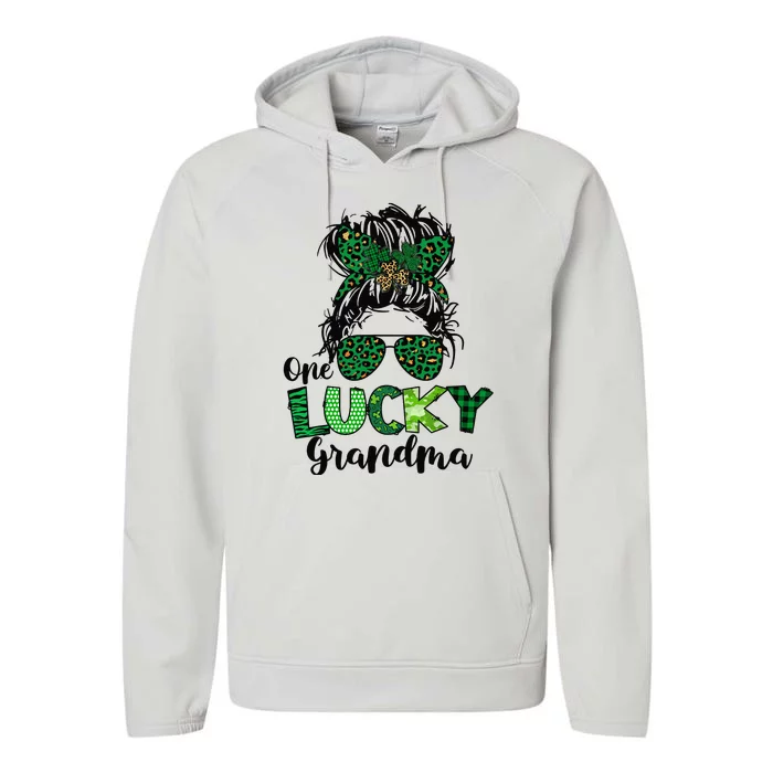 One Lucky Grandma Messy Bun St Patricks Day Leopard Shamrock Performance Fleece Hoodie