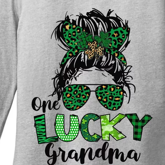 One Lucky Grandma Messy Bun St Patricks Day Leopard Shamrock Womens CVC Long Sleeve Shirt