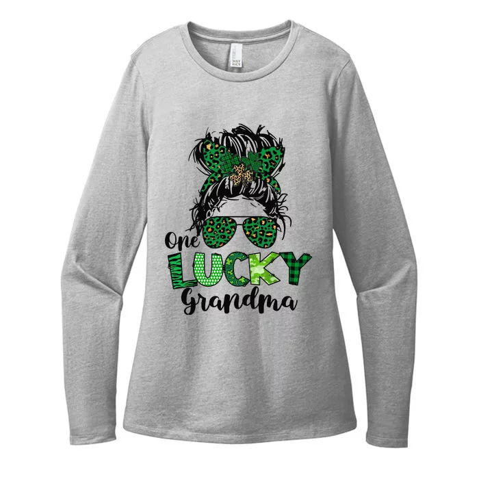 One Lucky Grandma Messy Bun St Patricks Day Leopard Shamrock Womens CVC Long Sleeve Shirt