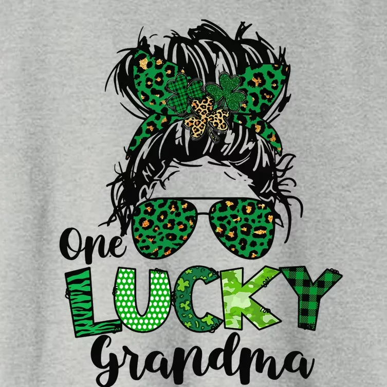 One Lucky Grandma Messy Bun St Patricks Day Leopard Shamrock Women's Crop Top Tee