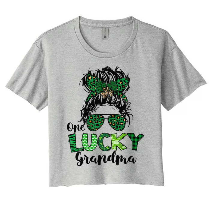 One Lucky Grandma Messy Bun St Patricks Day Leopard Shamrock Women's Crop Top Tee