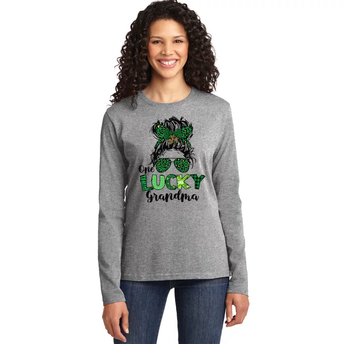 One Lucky Grandma Messy Bun St Patricks Day Leopard Shamrock Ladies Long Sleeve Shirt