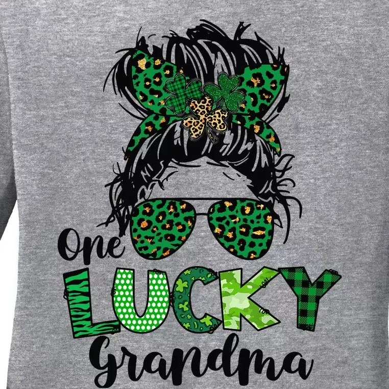 One Lucky Grandma Messy Bun St Patricks Day Leopard Shamrock Ladies Long Sleeve Shirt