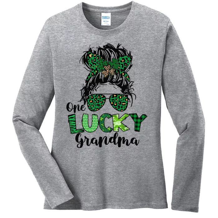 One Lucky Grandma Messy Bun St Patricks Day Leopard Shamrock Ladies Long Sleeve Shirt