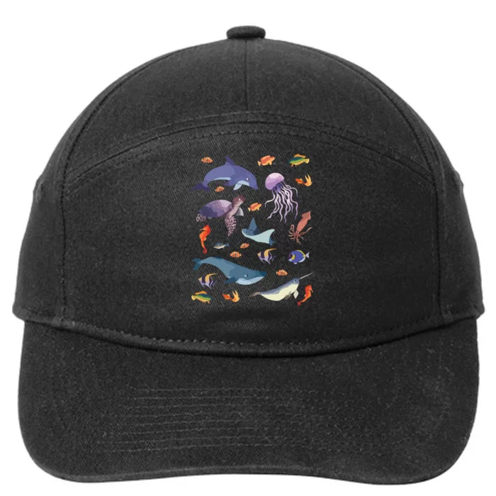 Ocean Life Love Sea Turtle Dolphin Jellyfish Whale Fishes 7-Panel Snapback Hat