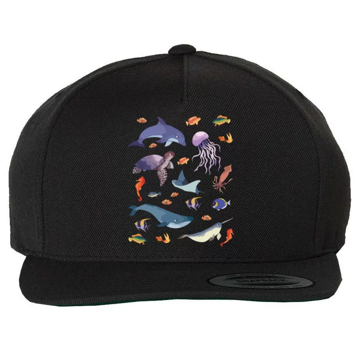 Ocean Life Love Sea Turtle Dolphin Jellyfish Whale Fishes Wool Snapback Cap