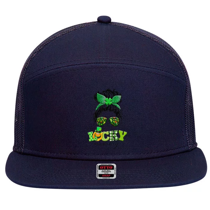 One Lucky Mommy Messy Bun Saint Patrick’s Day Irish Gifts 7 Panel Mesh Trucker Snapback Hat