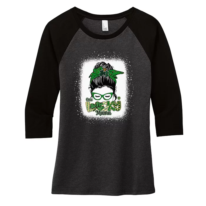 One Lucky Mama Messy Bun Leopard St Patrick's Day Women's Tri-Blend 3/4-Sleeve Raglan Shirt