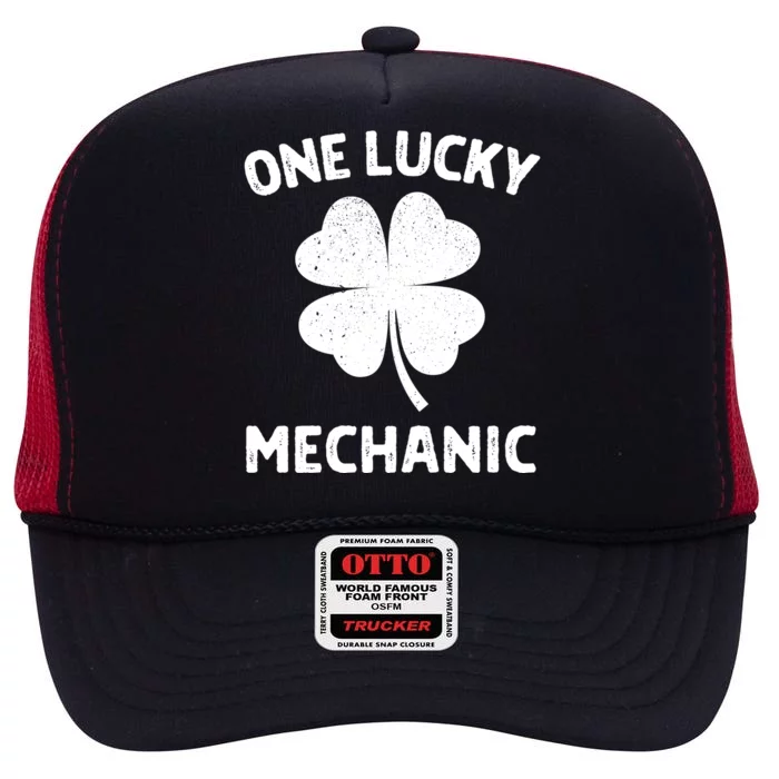 One Lucky Mechanic St Patricks Day Green Shamrock Leaf High Crown Mesh Trucker Hat