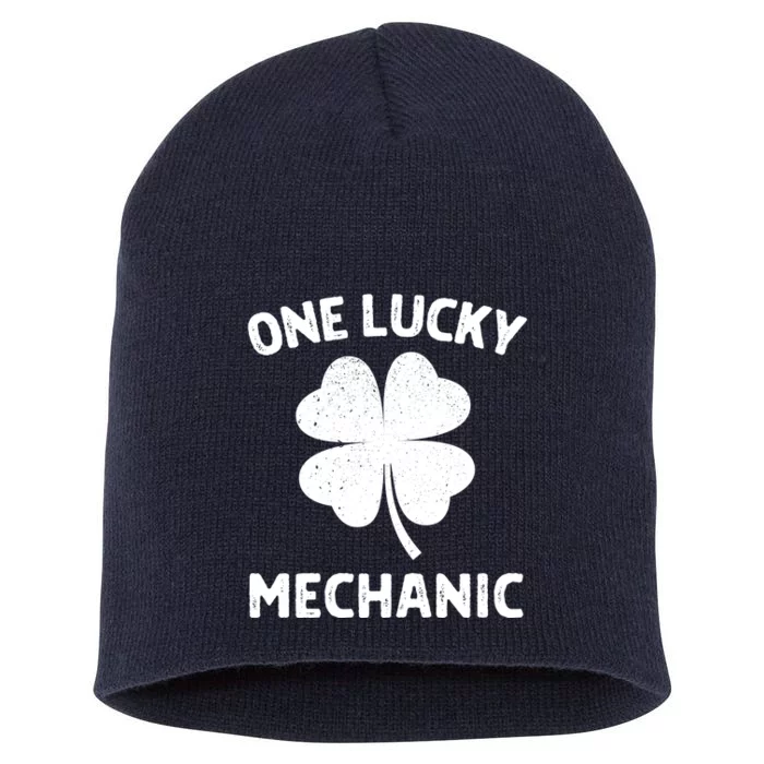 One Lucky Mechanic St Patricks Day Green Shamrock Leaf Short Acrylic Beanie