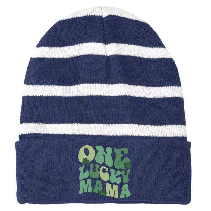 One Lucky Mama St Patricks Day Mom Mother Groovy Striped Beanie with Solid Band