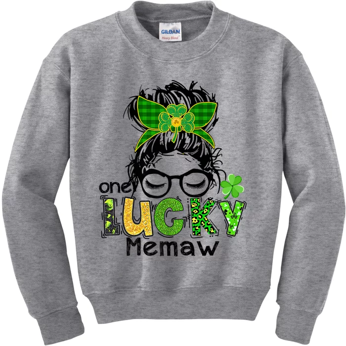 One Lucky Memaw Messy Bun Leopard St Patricks Day Meaningful Gift Kids Sweatshirt