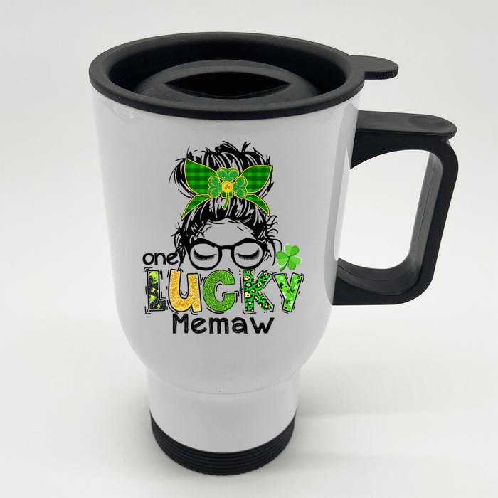 One Lucky Memaw Messy Bun Leopard St Patricks Day Meaningful Gift Front & Back Stainless Steel Travel Mug