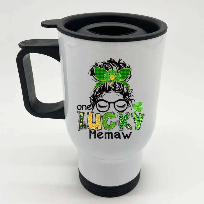 One Lucky Memaw Messy Bun Leopard St Patricks Day Meaningful Gift Front & Back Stainless Steel Travel Mug