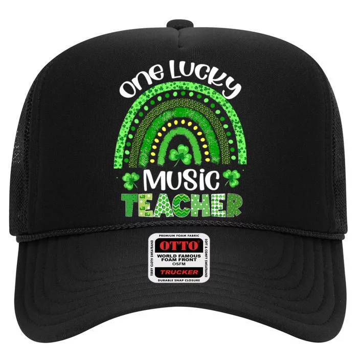 One Lucky Music Teacher Rainbow Shamrock St Patrick's Day High Crown Mesh Trucker Hat