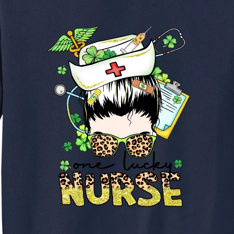 One Lucky Nurse St Patricks Day Irish Messy Bun Hair Nursing Tall Sweatshirt