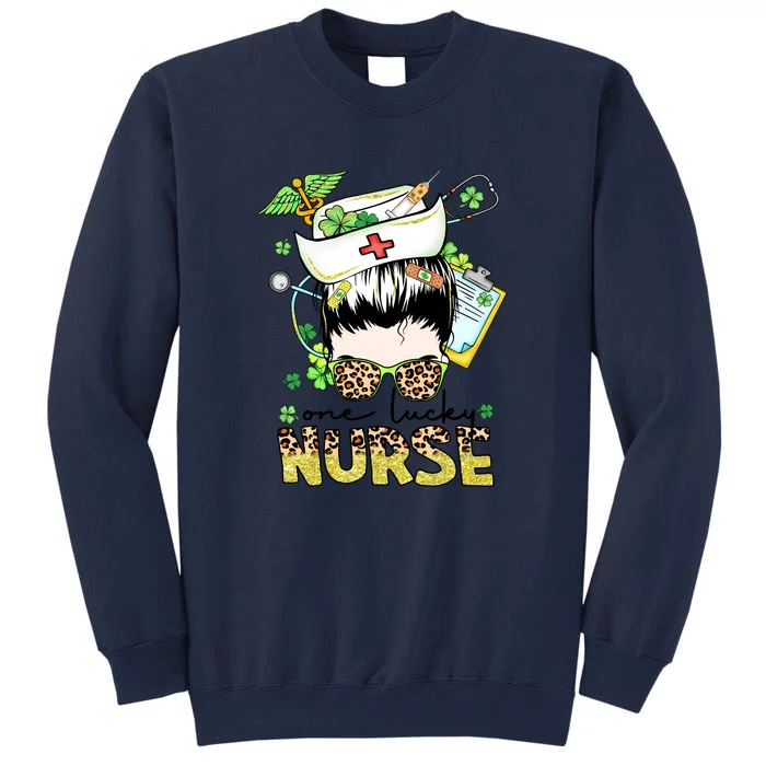 One Lucky Nurse St Patricks Day Irish Messy Bun Hair Nursing Tall Sweatshirt