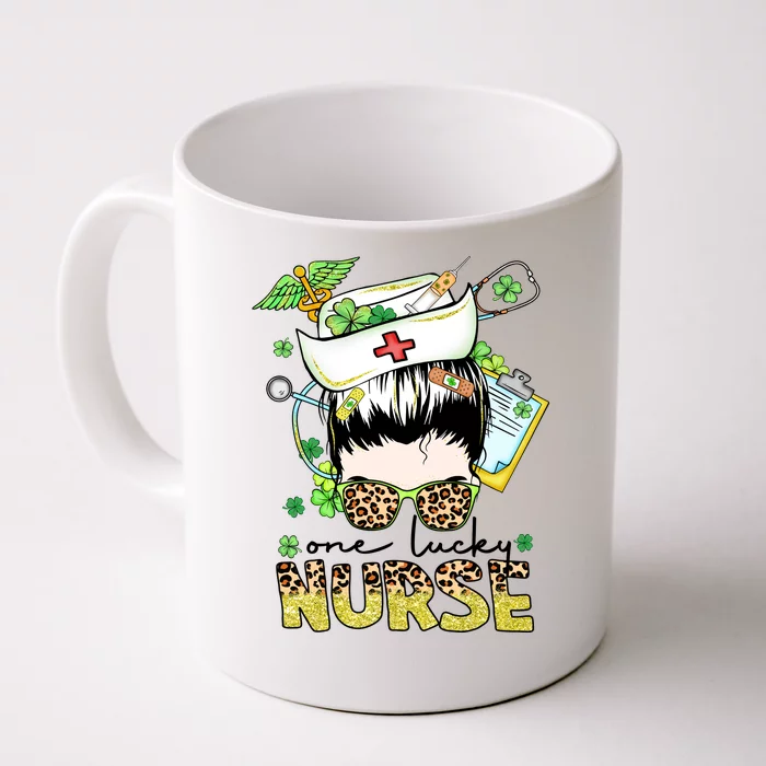 One Lucky Nurse St Patricks Day Irish Messy Bun Hair Nursing Front & Back Coffee Mug