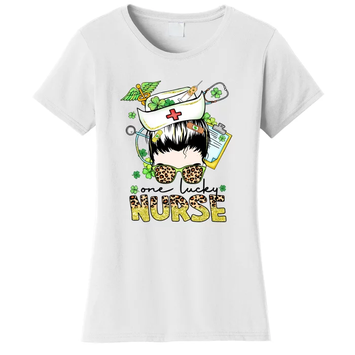 One Lucky Nurse St Patricks Day Irish Messy Bun Hair Nursing Women's T-Shirt