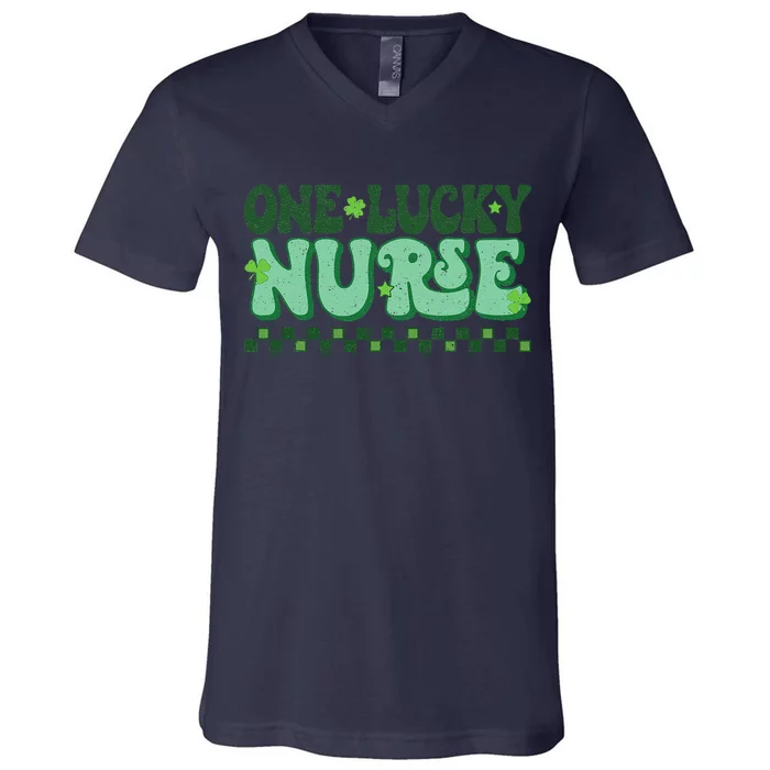 One Lucky Nurse Scrub RN ICU ER St Patricks Day Nurses Women V-Neck T-Shirt