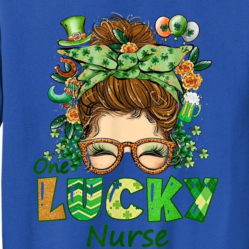 One Lucky Nurse Messy Bun Leopard Sunglasses St Patricks Day Gift Tall Sweatshirt