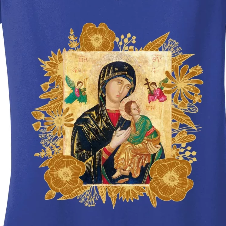 Our Lady Of Perpetual Help Blessed Mother Mary Catholic Icon Gift Women's V-Neck T-Shirt