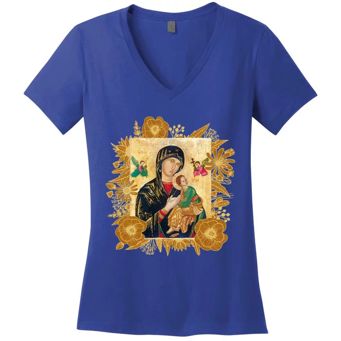 Our Lady Of Perpetual Help Blessed Mother Mary Catholic Icon Gift Women's V-Neck T-Shirt