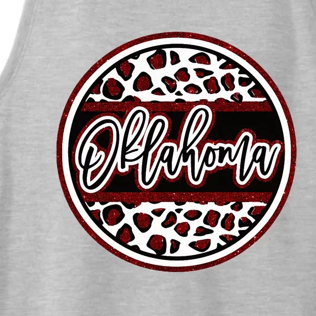 Oklahoma Leopard Ok Varsity Style Red Text Ladies Tri-Blend Wicking Tank