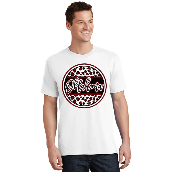 Oklahoma Leopard Ok Varsity Style Red Text T-Shirt