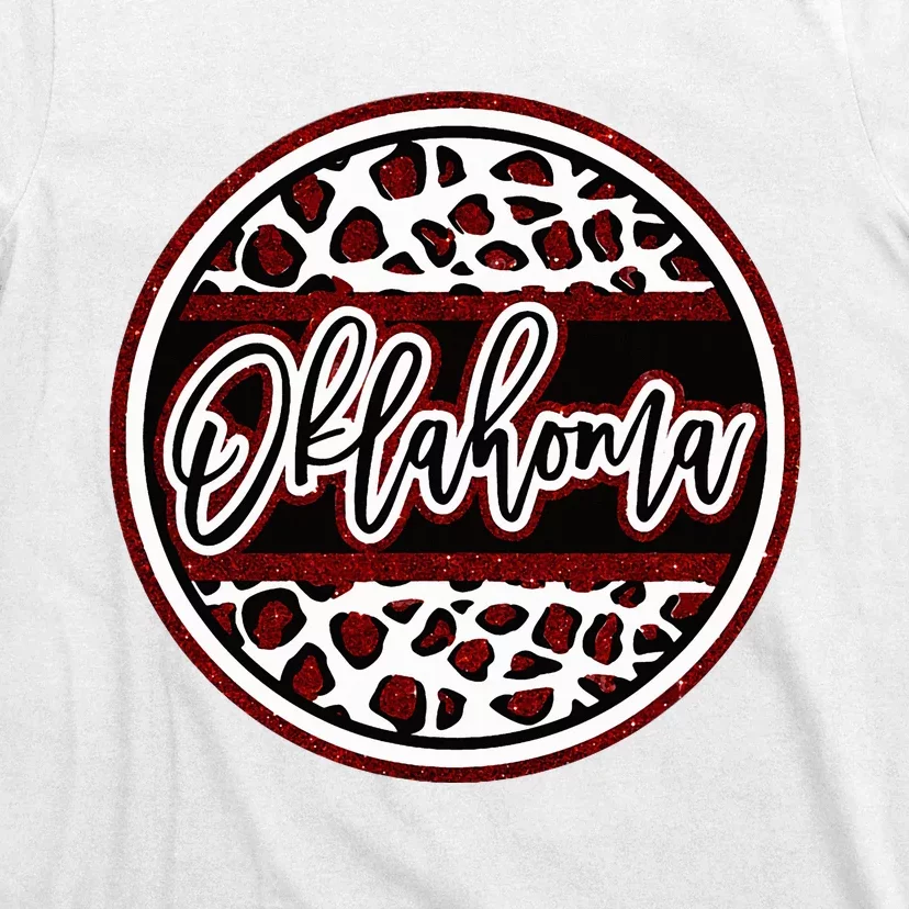 Oklahoma Leopard Ok Varsity Style Red Text T-Shirt