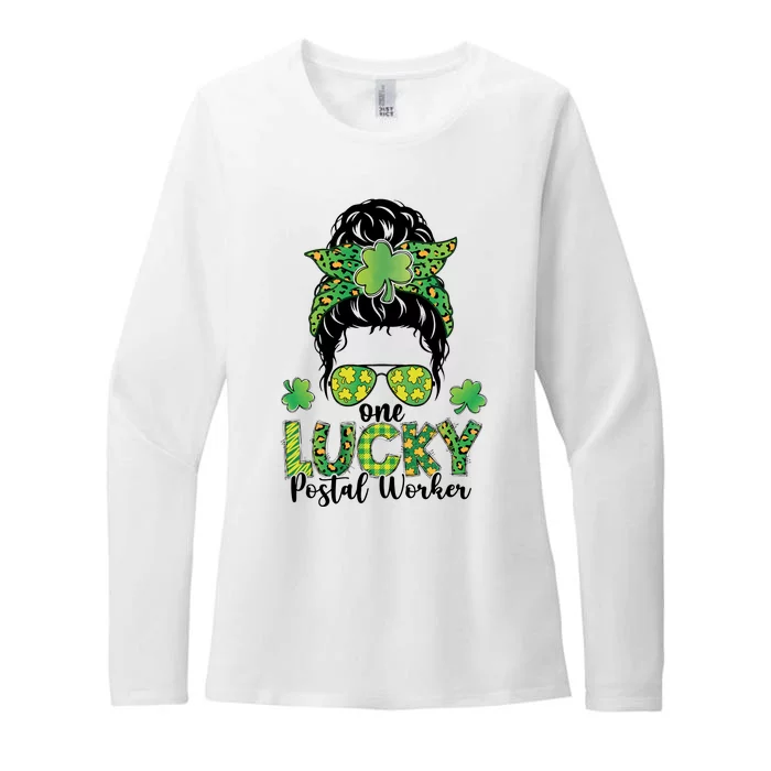 One Lucky Postal Worker St Patrick Postal Worker Life Shamrock Postie Messy Bun Womens CVC Long Sleeve Shirt