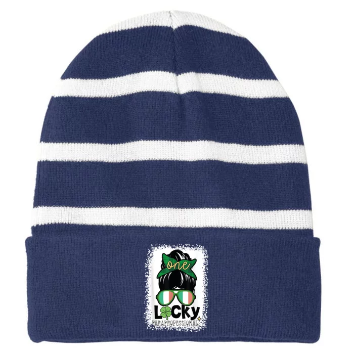 One Lucky Para St Patricks Day Shamrock Paraprofessional Striped Beanie with Solid Band